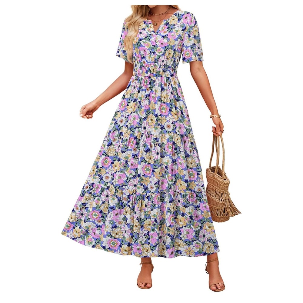 ZESICA Floral Maxi Dress XL Lavender Pink V-Neck Smocked Waist Tiered Viscose